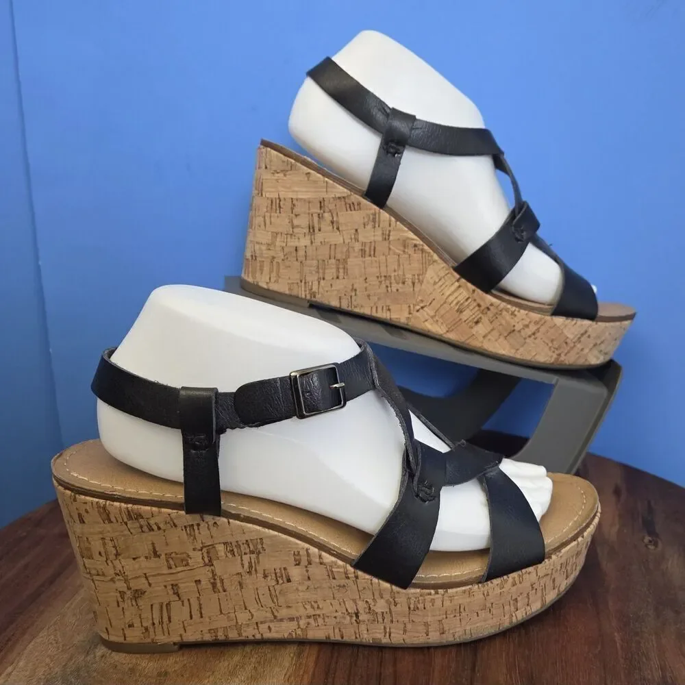 G.H. Bass & Co Garland Black Leather Wedge Cork Heel Sandals Womens 8M